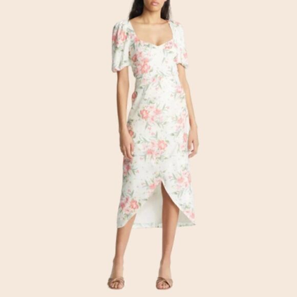 Charles Henry White Puff Sleeve Floral Tulip Hem Dress In Coral Floral Size M - Picture 1 of 15